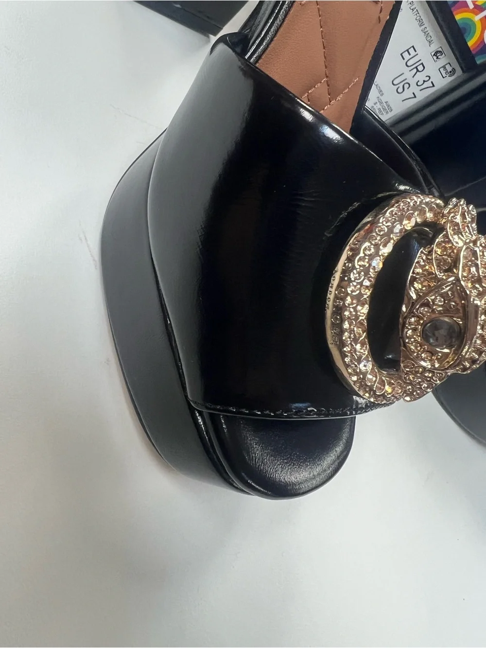Kurt Geiger Black Patent Platform Sandals with Gold Crystal Medallion